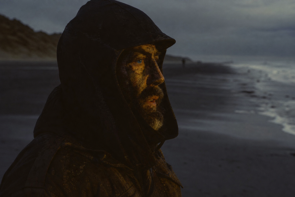 A close-up profile of a man with blue eyes and blurred figures standing on a beach