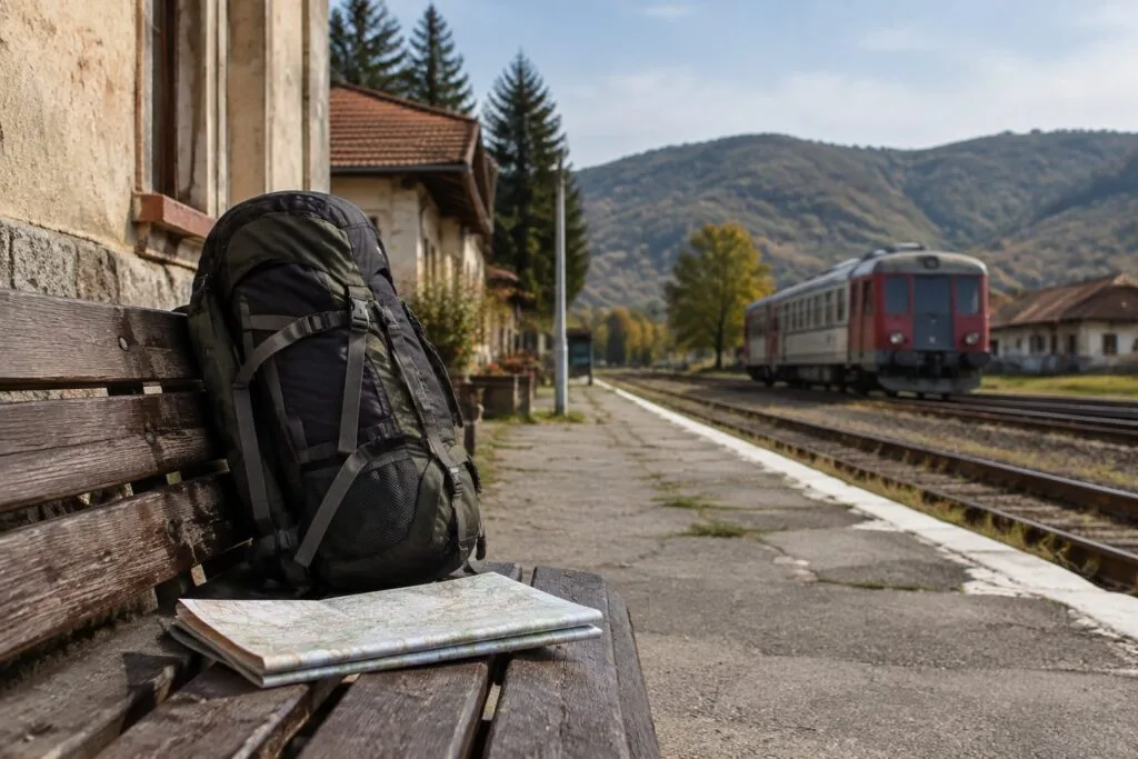 Rucsac și hartă în gară
